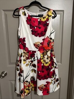 Roz & Ali White Floral Fit-and-Flare Mini Dress with Red, Yellow & Pink Blooms
